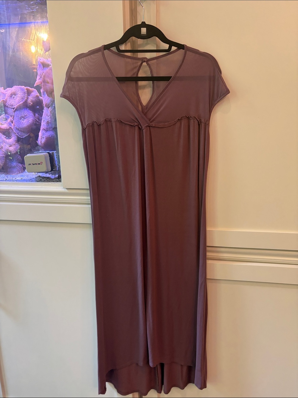 Mauve V-Neck Midi Dress with Sheer Yoke